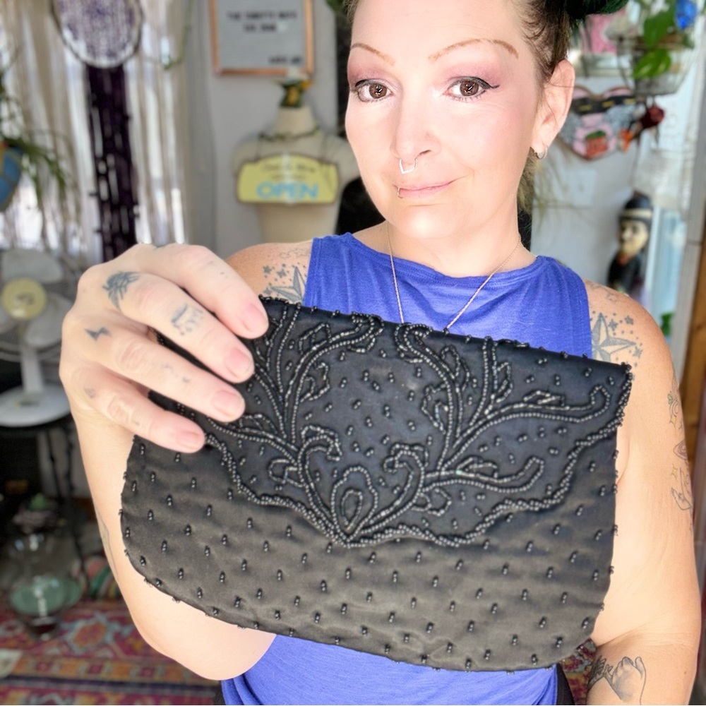 Vintage La Regale Black Beaded Evening Clutch or crossbody convertible